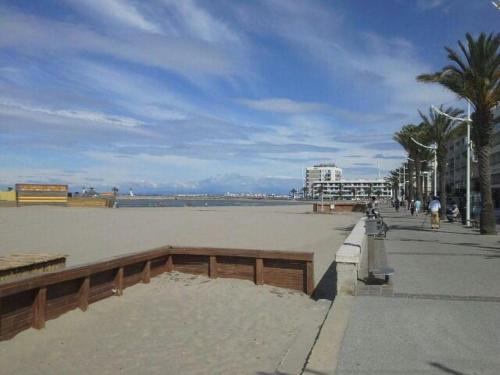 une plage de sable et de palmiers dans l'établissement Studio grau du roi, au Grau-du-Roi