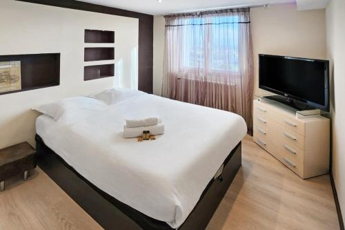 une chambre avec un grand lit et une télévision à écran plat dans l'établissement Mulatière View, à La Mulatière