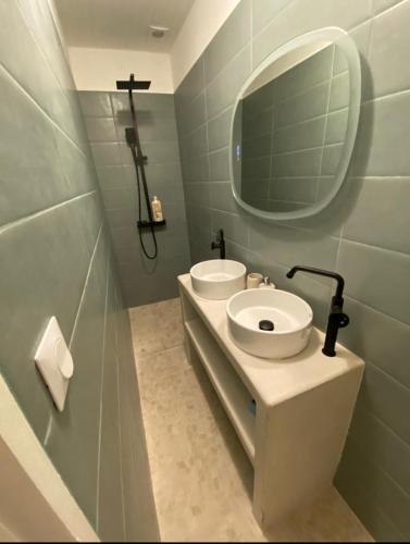 une salle de bain avec un lavabo et un miroir dans l'établissement Paros appartement salon et chambre, à Nîmes