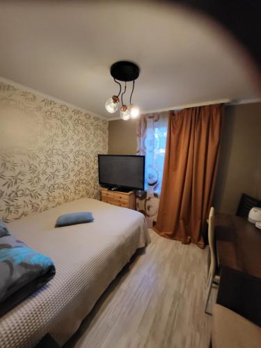 a bedroom with a bed and a flat screen tv at Classic Apartment in Jūrmala