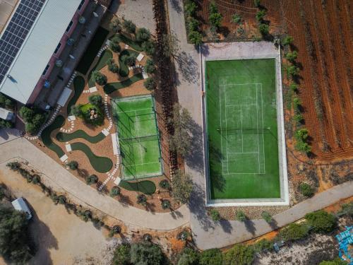 an overhead view of a tennis court with a green field at Quinta dos Vales Wine Estate in Estômbar