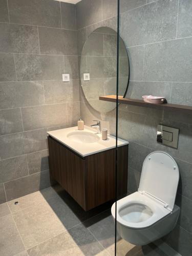 a bathroom with a toilet and a sink and a mirror at BW Eterna Apartment in Sajmište