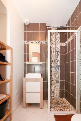 une salle de bain avec douche et lavabo dans l'établissement studio nature, à Fabrègues