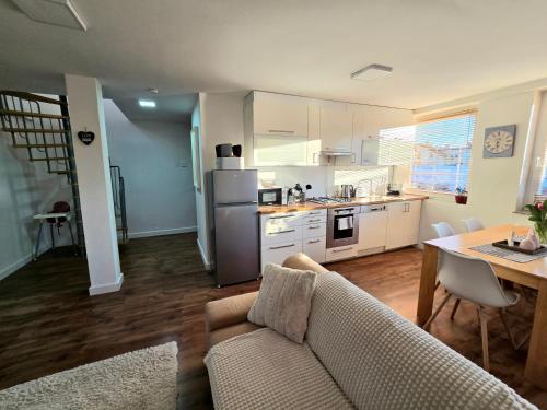 a kitchen and living room with a couch and a table at LULU Apartman in Sopron