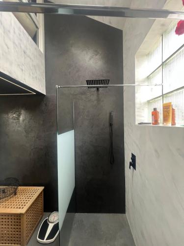 une douche avec une porte vitrée dans une salle de bain dans l'établissement Large unique loft, quiet and bright & outdoor, à Bagnolet