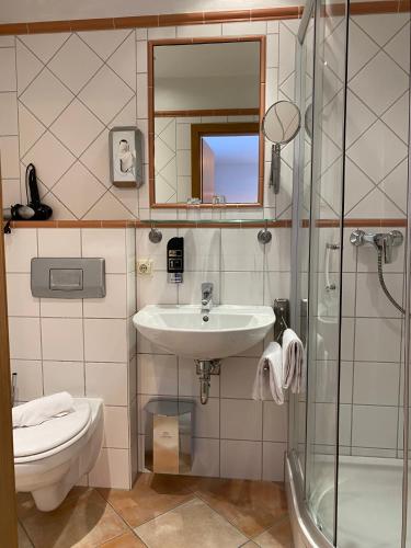 a bathroom with a sink and a shower and a toilet at Pension Bergel in Sankt Martin