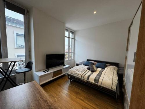 une chambre avec un lit et une télévision à écran plat dans l'établissement Charmant studio équipé, à Oullins