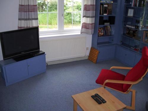 Un televizor și/sau centru de divertisment la Kleines Ferienhaus Im Grünen Bei Lüneburg