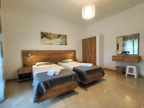 a bedroom with two beds and a mirror at Fontana 1-Bedroom House in Kavos