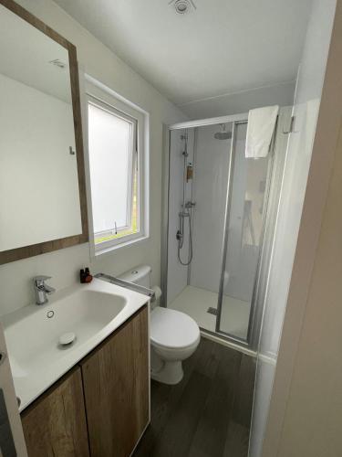 a bathroom with a toilet and a sink and a shower at Camping Bella Vista in Ceriale