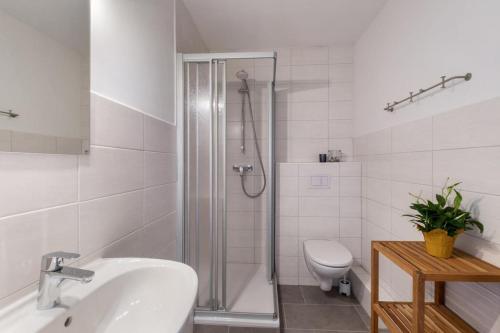 Un baño con ducha, lavabo e inodoro. en Wiebke, en Büsum