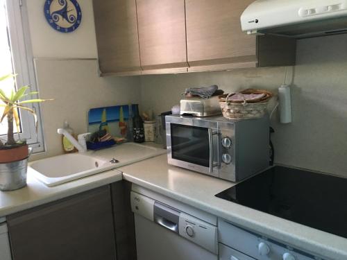 une cuisine avec un micro-ondes et un évier dans l'établissement Charmant duplex centre ville Deauville, à Deauville