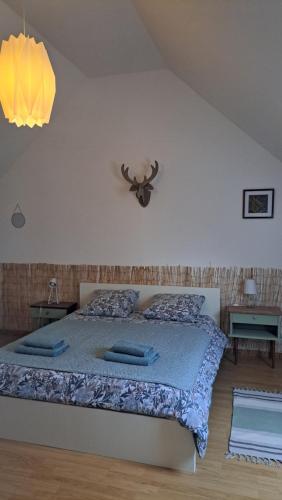 une chambre avec un lit avec une couette bleue dans l'établissement Kalon Bihan Gîte, à Poullaouen