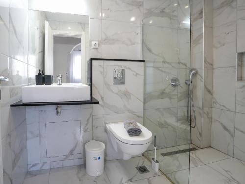 a bathroom with a toilet and a shower and a sink at Golden Olive Apartment in Kardamaina