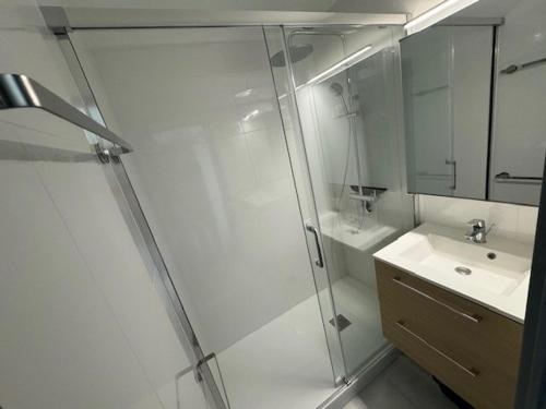 une salle de bain avec douche et lavabo dans l'établissement T3 climatisé pour 4 pers. au Cap d'Agde avec parking - FR-1-749-90, au Cap d'Agde
