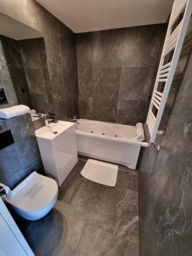 a bathroom with a toilet and a sink and a tub at Studio Matejki C in Bielsko-Biala