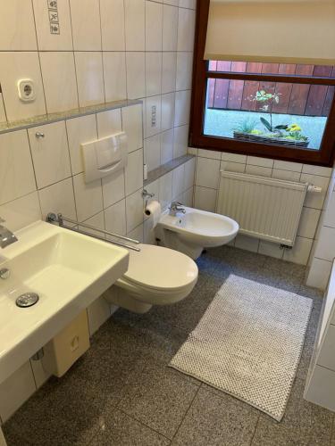a bathroom with a sink and a toilet and a window at Wohnung mit Stellplatz, WLAN, Netflix in Krefeld
