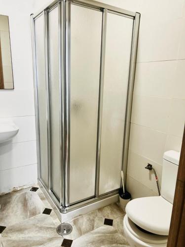 a shower stall in a bathroom with a toilet at Hospedaje Ronda de Poniente in Torrejón de Ardoz
