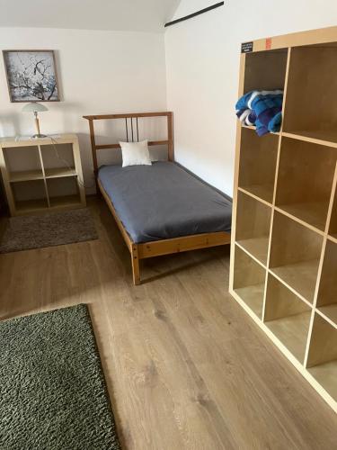 a bedroom with a bed and a book shelf at Penzion WIESEN in Meziměstí