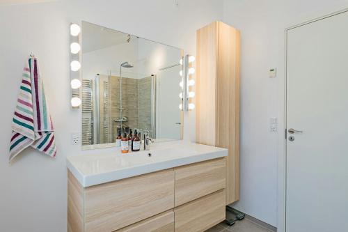 a bathroom with a sink and a mirror at Holiday Home With Extraordinary Sea View At Røsnæs in Kalundborg