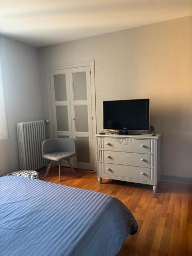 une chambre avec un lit et une télévision sur une commode dans l'établissement Grand T3 lumineux au Mans - spécial 24H, Moto GP, au Mans