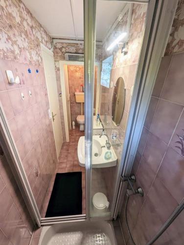 une salle de bain avec une douche, un lavabo et des toilettes dans l'établissement La corniche- vue panoramique sur mer, à Binic
