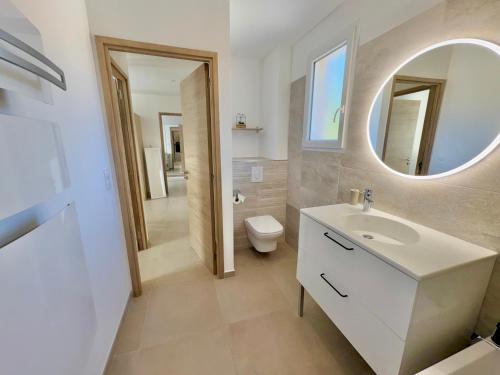 une salle de bain avec un lavabo, des toilettes et un miroir dans l'établissement Villa style bastide provençale, piscine, jardin et parkings, au Muy
