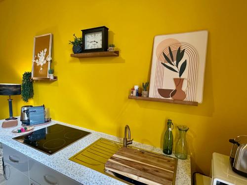 une cuisine jaune avec évier et comptoir dans l'établissement Le Sunlight, Gare Centre ville, 4 Personnes, au Mans