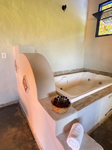 a bathroom with a bath tub with a basket next to it at Villa dos Pireneus in Pirenópolis