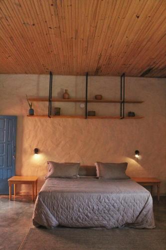 a bedroom with a bed and shelves on the wall at Villa dos Pireneus in Pirenópolis