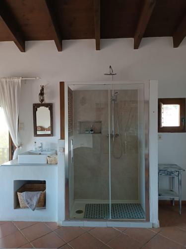 a glass shower in a bathroom with a sink at The African House in Tolox