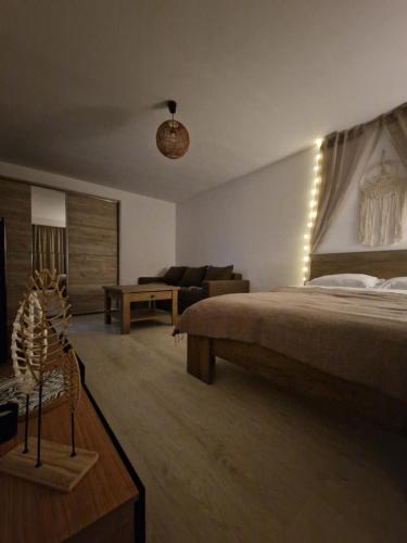 a bedroom with a bed and a living room at Nomad Nest in Braşov