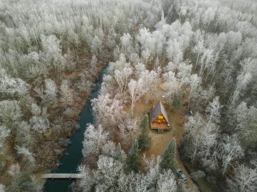 a cabin in the middle of a forest with snow covered trees at River End A-Frame in Emily