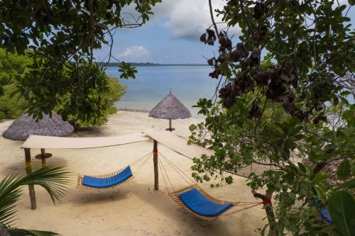 two hammocks and an umbrella on a beach at Pole Pole Bungalows in Utende