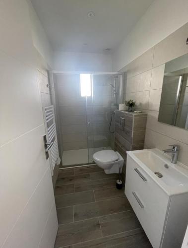 une salle de bain blanche avec des toilettes et un lavabo dans l'établissement Superbe T2 Porticcio 2 à 4 personnes, à Grosseto-Prugna
