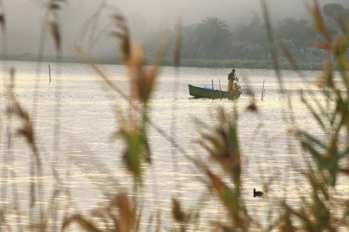 a man standing in a boat on a beach at Agriturismo La Facenda in Albinia