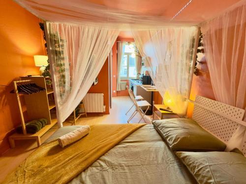 - une chambre avec un lit avec des rideaux et un bureau dans l'établissement Studio Bali Hyper centre Lit Baldaquin, à Arras