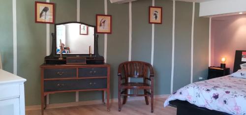 a bedroom with a dresser and a mirror and a chair at Chambres d'hôtes des Princes de Bel Air in Loudun