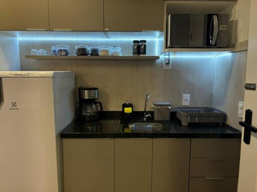 a kitchen with a counter with a sink and a microwave at Hospedagem Sofisticada em Perdizes – Próxima ao Allianz Parque e Espaço Unimed in Sao Paulo