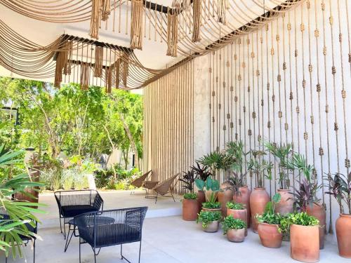 eine Terrasse mit Stühlen und Topfpflanzen in einem Gebäude in der Unterkunft Tulum groups home for 7 guest with 2 bedrooms Balcony Common Pool Gym Yoga and mini Market Ximbal in Tulum