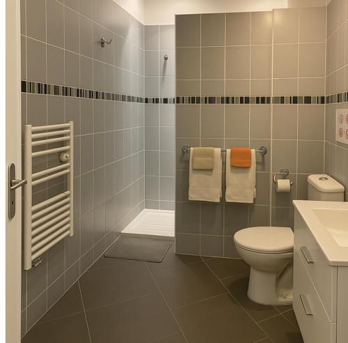 La Roquette-sur-Siagneにある2 pièces dans villa avec piscine parking à 10 mins de Cannesのバスルーム(トイレ、シャワー、タオル付)