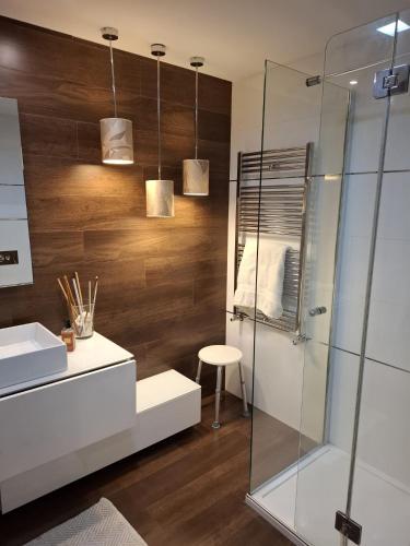 a bathroom with a glass shower and a sink at Duplex A Mosquera by Foroplaza Pleno centro Vistas muralla in Lugo