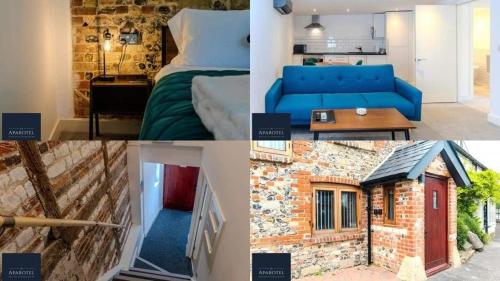 a collage of pictures of a room with a blue couch at Aparotel Serviced Apartments - Stonehenge, Amesbury Town Centre in Amesbury