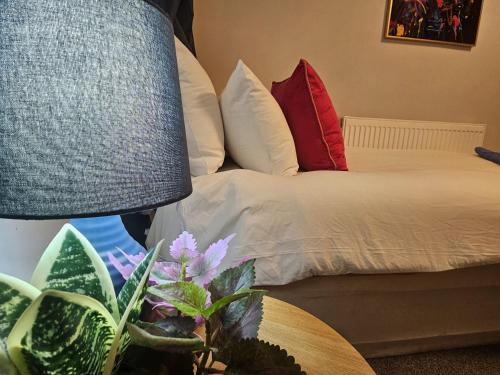 a bedroom with a bed and a lamp and a plant at Platt House in Wigan