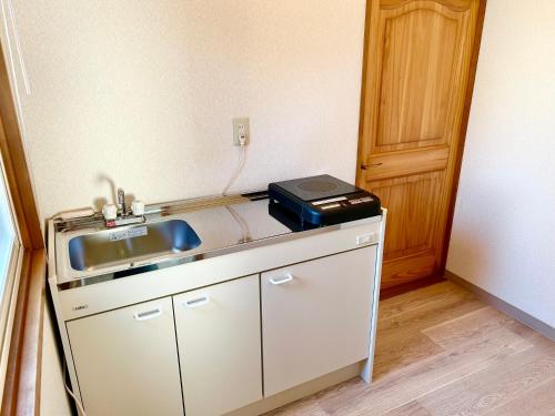a kitchen counter with a sink and a appliance on it at 森の中のおうちカフェベッドIntiGarden in Azumino
