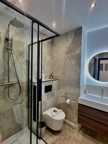 une salle de bain avec une douche, des toilettes et un lavabo dans l'établissement Auber - T3 Refait à neuf centre de Nice, à Nice