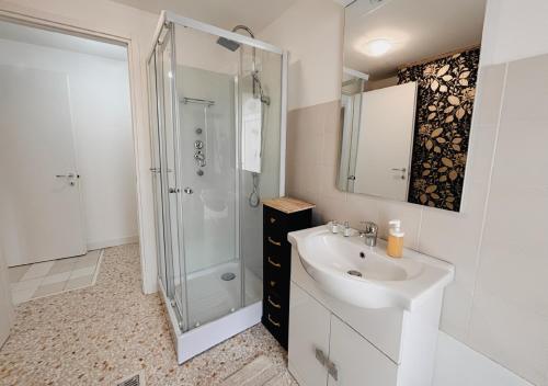 a white bathroom with a shower and a sink at Agriturismo Vecio Portico in Marostica