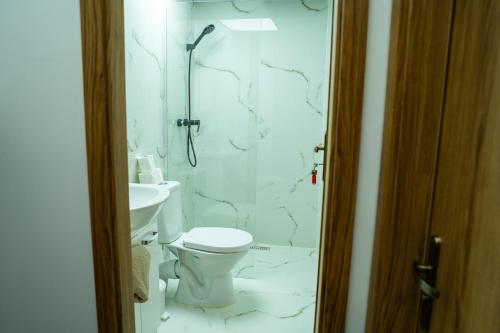 a bathroom with a shower and a toilet and a sink at Penzión Oliver Humenné in Humenné