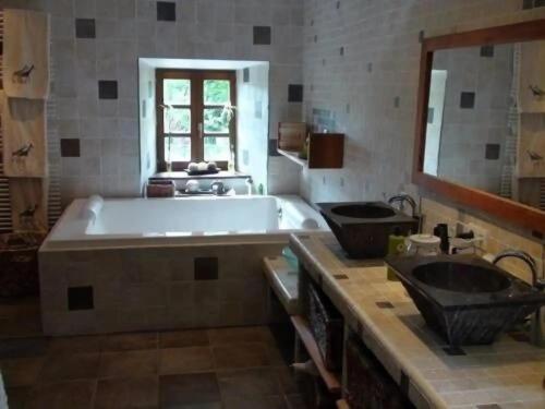 ル・シャンボン・シュル・リニョンにあるVilla spacieuse avec piscine à Le Chambon-sur-Lignonの浴槽と洗面台を備えた広いバスルーム