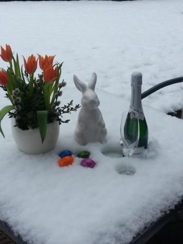a snow covered table with a statue of a bunny and a wine glass at Landhaus Seehof in Füssen